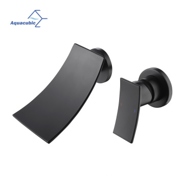 Aquacubic Contemporary Wall Mounted black Waterfall with Ceramic Valve Two Holes for Bathroom Sink Faucet